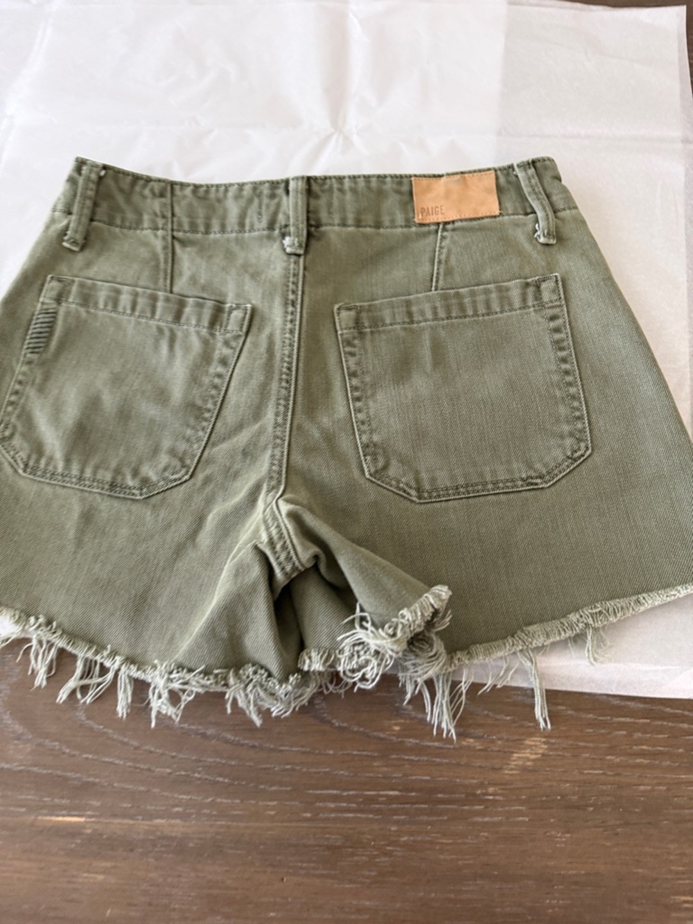 PAIGE Olive Green Frayed-Hem Denim Shorts - Picture 5 of 8